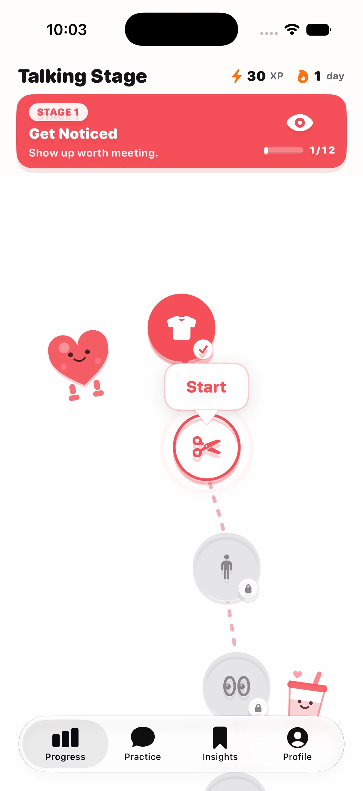 Talking Stage visual lesson path with active progress