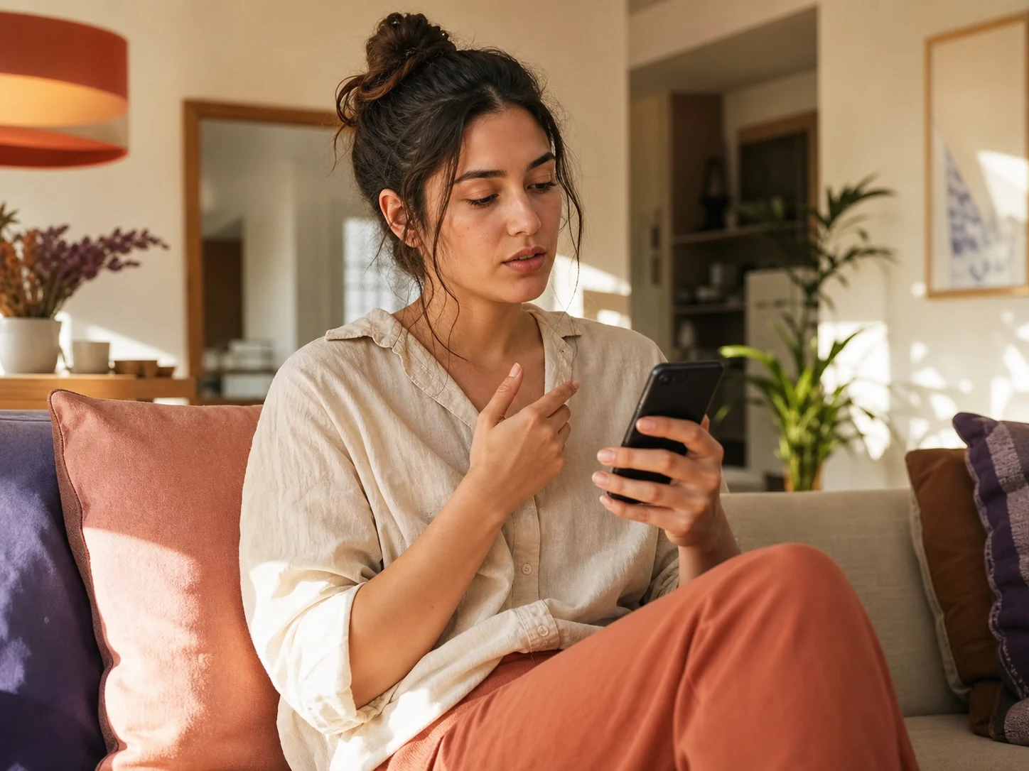 A person calmly rehearsing a message before sending it